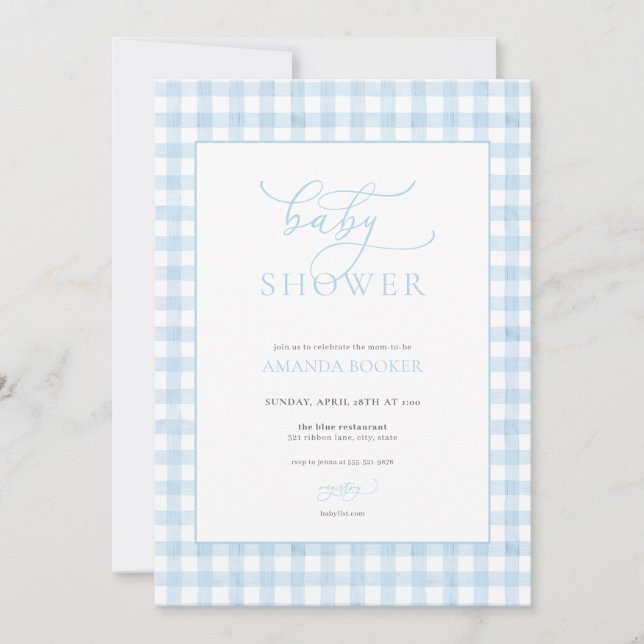 Classic Boy Blue Gingham Baby Shower-inbjudan Inbjudningar (Framsida)