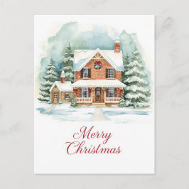 Classic Brick Home in Snowy Christmas Setting Helg Vykort