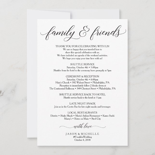 Classic Bröllop Itinerary - Bröllop Välkomstfamilj Inbjudningar (Framsida)