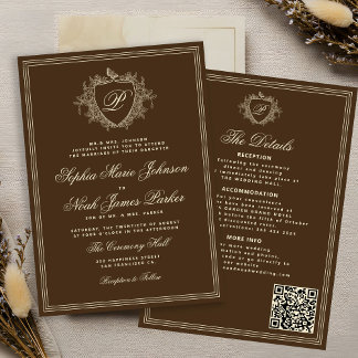 Classic brown QR code formal monogram wedding  Inbjudningar