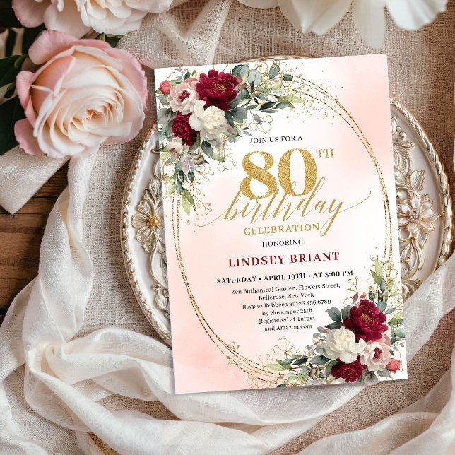 Classic Burgundy Floral Gold 80th Birthday Invite Inbjudningar (Classic Burgundy Floral Gold 80th Birthday Invite)