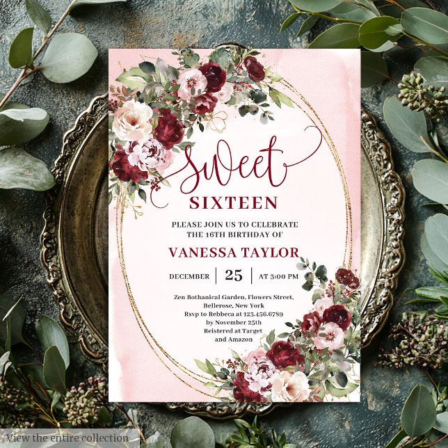 Classic Burgundy Floral Gold Sweet Sixteen Card Inbjudningar (Classic Burgundy Floral Gold Sweet Sixteen Card)