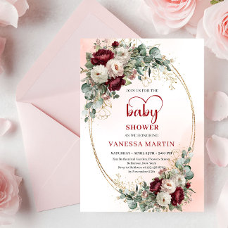 Classic Burgundy Flowers Gold Baby Shower Invite Inbjudningar