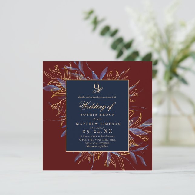 Classic Burgundy Navy Blue Floral Wedding Inbjudningar (Stående Fram)
