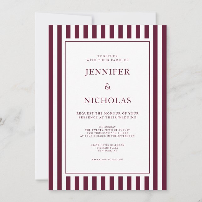 Classic Burgundy Stripes Wedding Inbjudningar (Framsida)