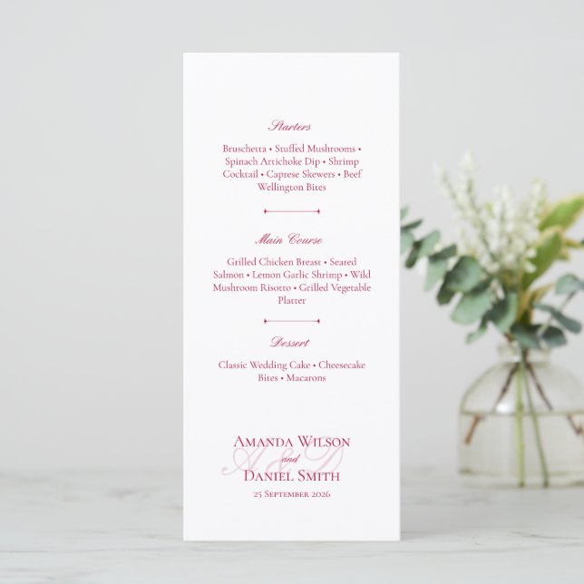 Classic Burgundy Wedding Menu Meny (Stående Fram)