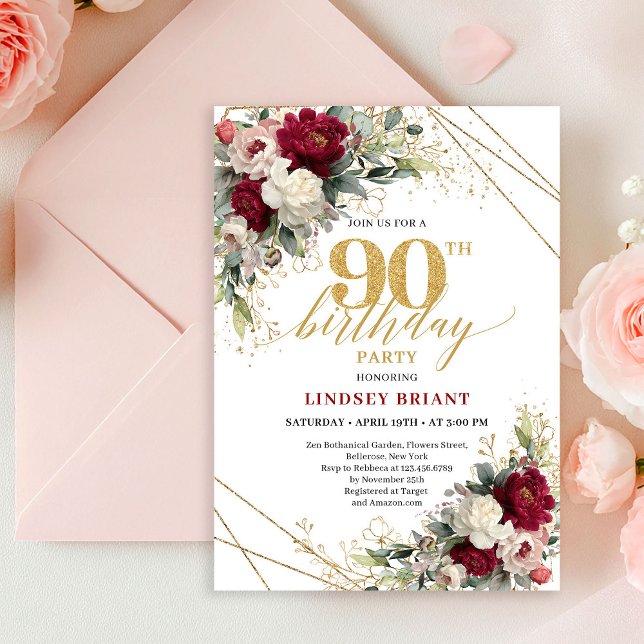 Classic Burgundy White Gold Roses 90th Birthday  Inbjudningar (Classic Burgundy White Gold Roses 90th Birthday Card

)