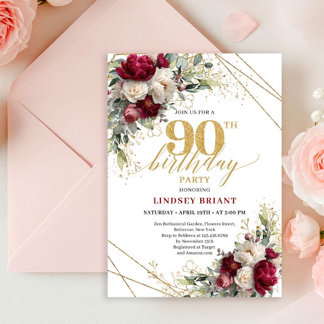 Classic Burgundy White Roses 90th Birthday Invite Inbjudningar (Classic Burgundy White Roses 90th Birthday Invite)