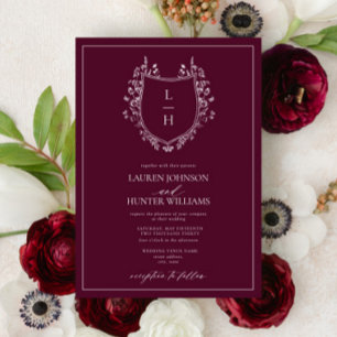 Classic Burgundy Wildblommonogram Vapensköld Bröll Inbjudningar