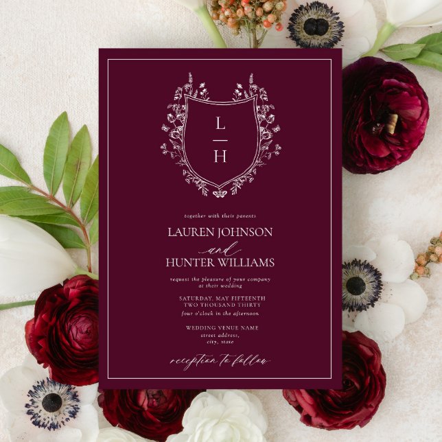 Classic Burgundy Wildblommonogram Vapensköld Bröll Inbjudningar (Skapare uppladdad)