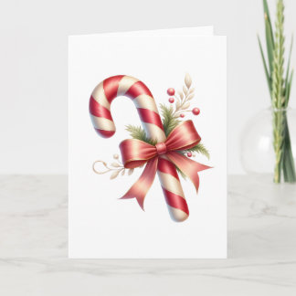 Classic Candy Cane with Red Satin Bow and Greenery Kort