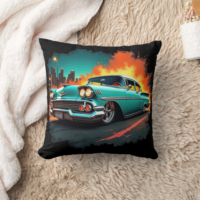 Classic Car Cushion with Neon Night Street Scene Kudde (Filt)