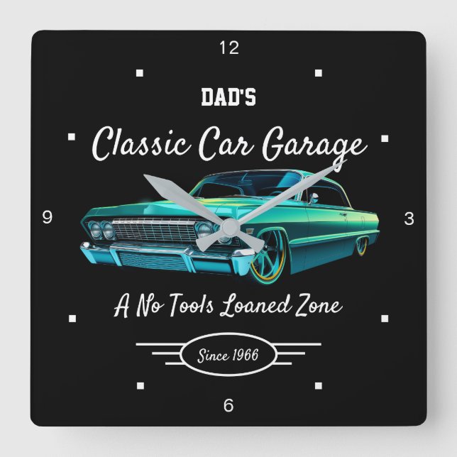 Classic Car Garage Dad's Green Car Name Black   Fyrkantig Klocka (Framsida)