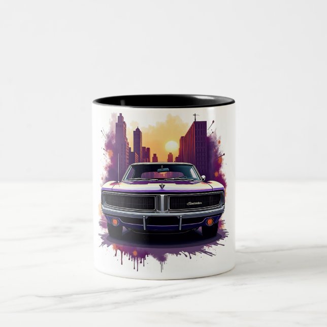 Classic Car Mug with Urban Sunset Graffiti Style Två-Tonad Mugg (Center)