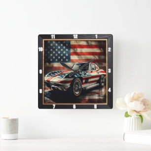 Classic Car Patriotic Fyrkantig Klocka