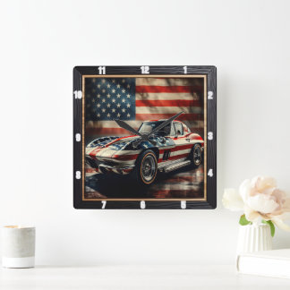 Classic Car Patriotic Fyrkantig Klocka
