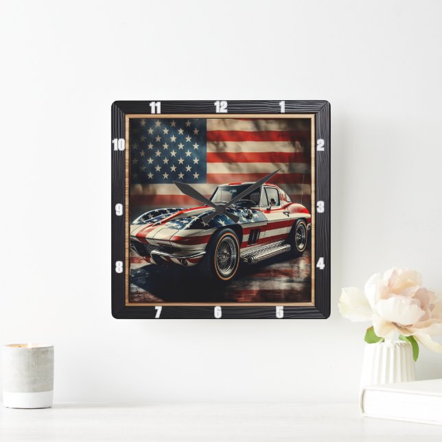 Classic Car Patriotic Fyrkantig Klocka (Hem)