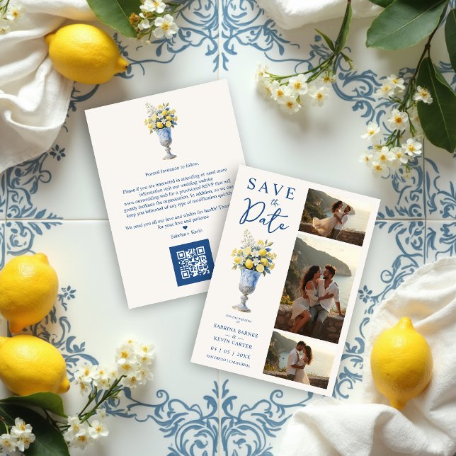 Classic Chalice Vase Mediterranean Lemons Flowers Spara Datumet (Classic Chalice Vase with Mediterranean Lemons and Flowers 3-Photo Wedding Save the Date Cards.)