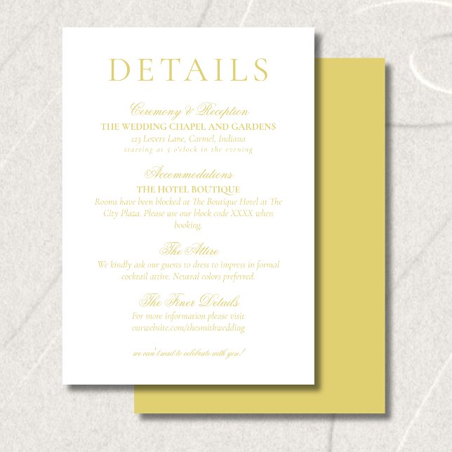 Classic Chartreuse Minimalist Wedding Details Tilläggskort (Classic Chartreuse Minimalist Wedding Details Enclosure Card)