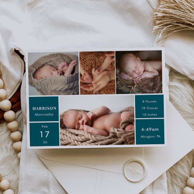Classic Chic Baby Photo Collage Announcement Card Inbjudningar (Skapare uppladdad)