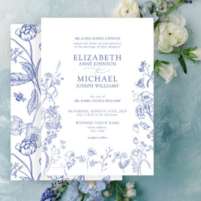 Classic Chinoiserie Blue Victorian Blommigt Bröllo Inbjudningar (Easy to personalize formal classic blue Chinoiserie French toil wedding invitation.
)