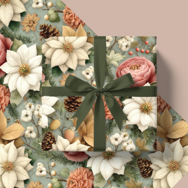 Classic Christmas Pink and Sage Green Floral Gift Presentpapper (Skapare uppladdad)