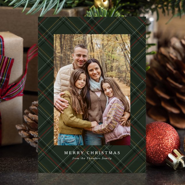 Classic Christmas plaid hunter green simple photo Julkort (Skapare uppladdad)