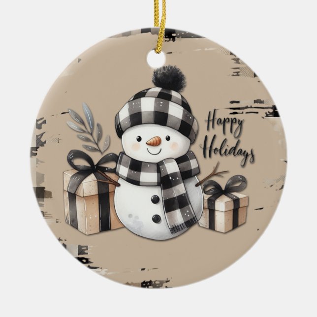 Classic Christmas snowman on a warm plaid ornament (Framsidan)