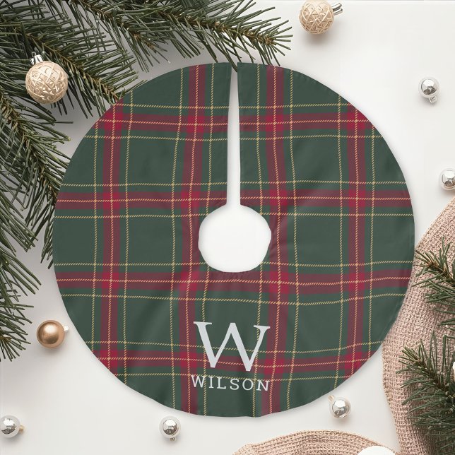 Classic Christmas Tartan Plaid Monogram Julgransmatta Borstad Polyester (Skapare uppladdad)