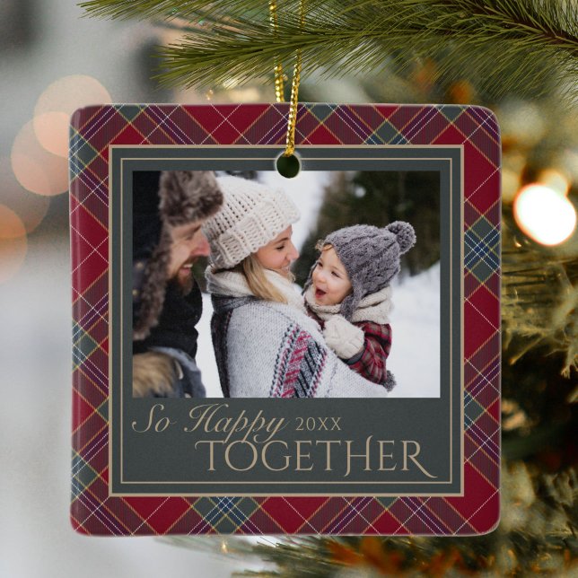 Classic Christmas Tartan Plaid Photo Julgransprydnad Keramik (Skapare uppladdad)