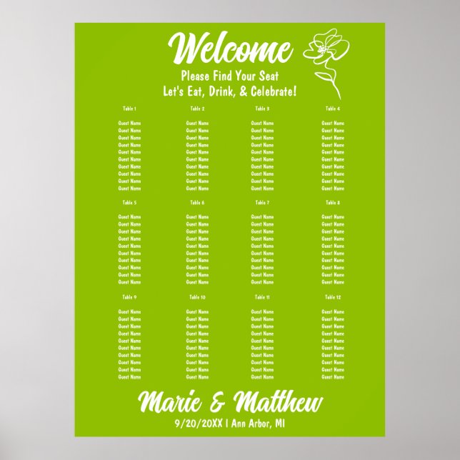 Classic Citrus Green Floral Wedding Seating Chart Poster (Framsidan)
