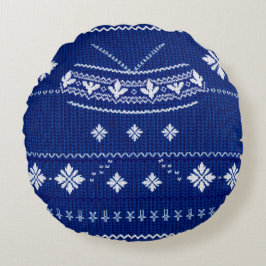 Classic Cobalt Blue & White Nordic Snowflake Knitt Rund Kudde