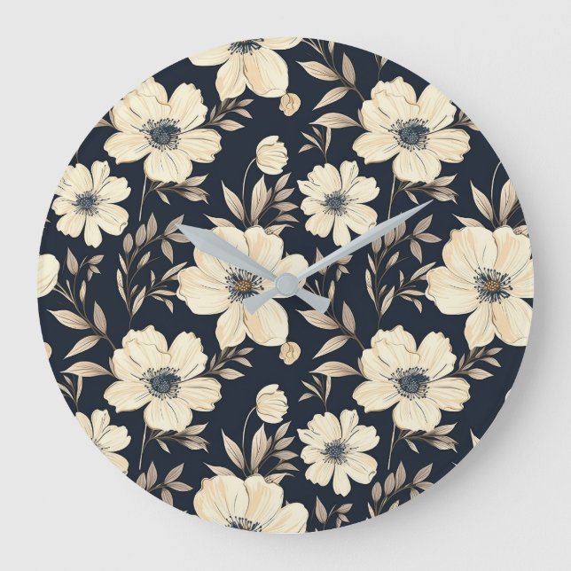 Classic Cream Flowers On Dark Navy Blue Background Stor Klocka (Framsida)