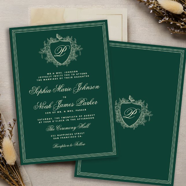 Classic crest monogram emerald green wedding inbjudningar (Skapare uppladdad)