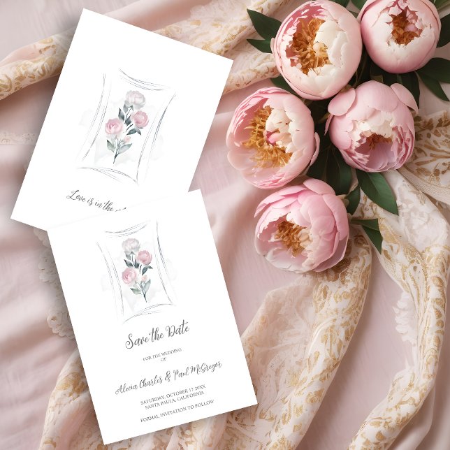 Classic Cute Floral Peonies Bunch in Gray & Pink Spara Datumet (Classic Cute Watercolor Effect Floral Peonies Bunch in Gray & Pink Wedding Save the Date Card.)