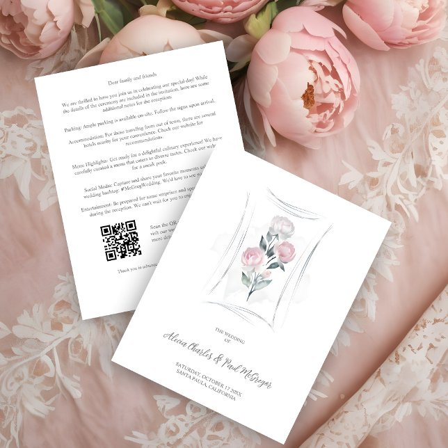 Classic Cute Floral Peonies Bunch in Gray & Pink Tilläggskort (Classic Cute Watercolor Effect Floral Peonies Bunch in Gray & Pink Wedding Enclosure Card.)