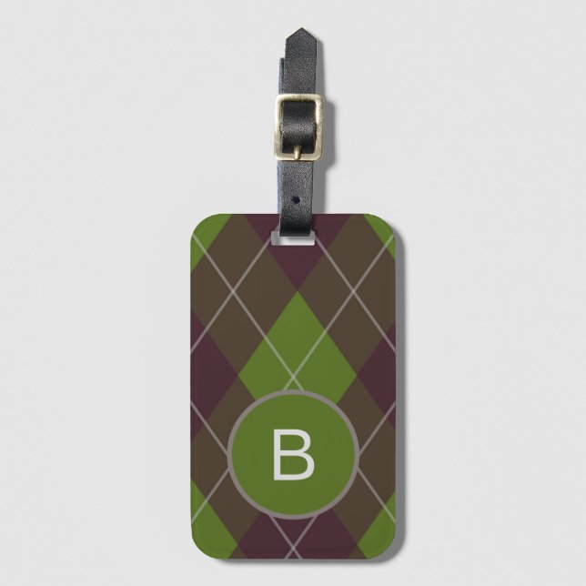 Classic Dark Green Argyle Pattern Monogram Bagagebricka (Framsida vertikal)