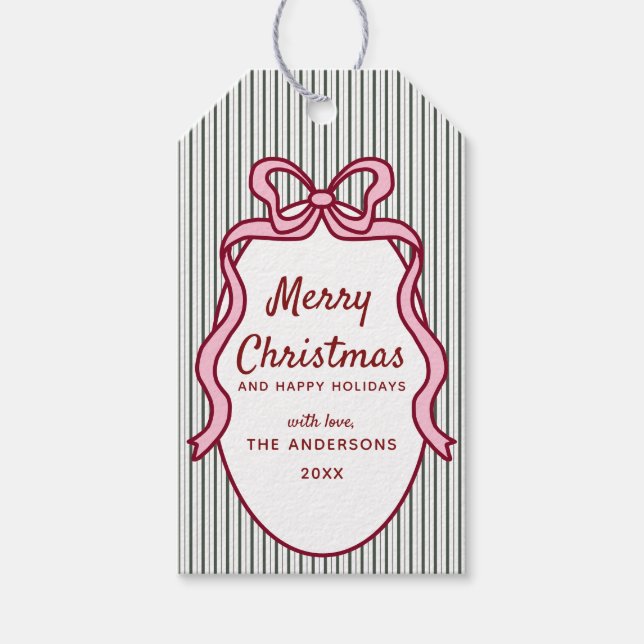 Classic Dark Green Stripes & Bow Frame Christmas  Presentetikett (Framsidan)