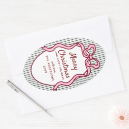 Classic Dark Green Stripes & Pink Bow Christmas Ovalt Klistermärke