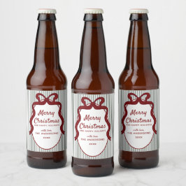 Classic Dark Green Stripes & Red Bow Christmas Ölflaska Etikett