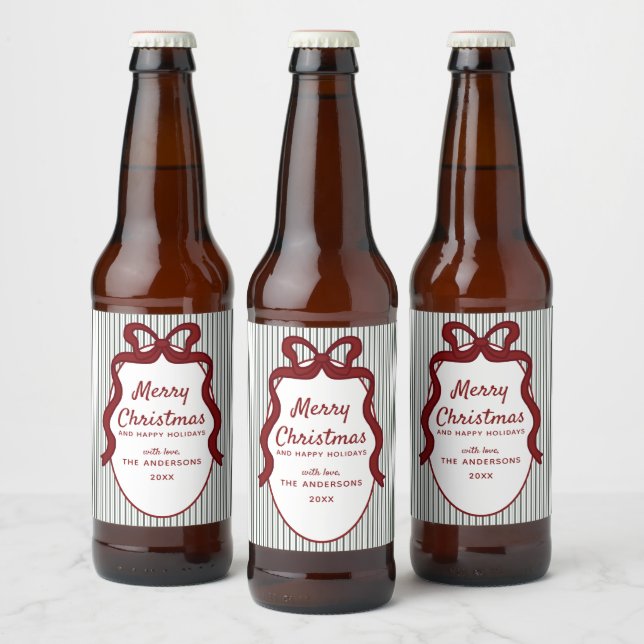 Classic Dark Green Stripes & Red Bow Christmas  Ölflaska Etikett (Flaskor)