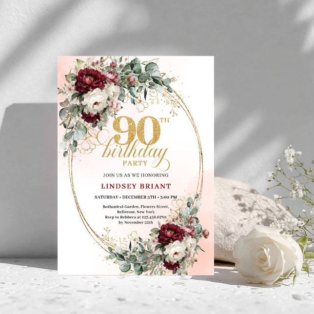 Classic Deep Red Peonies Gold 90th Birthday Invite Inbjudningar (Classic Deep Red Peonies Gold 90th Birthday Invitation)