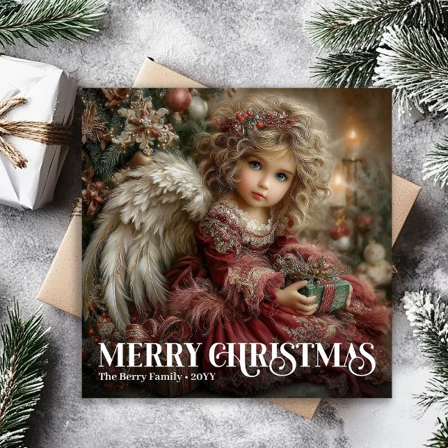 Classic Deep Red Victorian Angel Gold Christmas  Julkort (Classic Deep Red Victorian Angel Gold Christmas Card)
