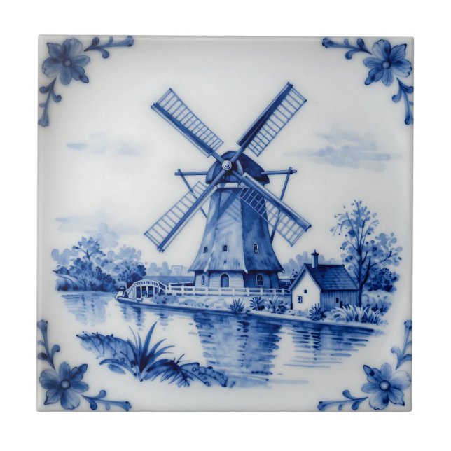Classic Delft Blue Windmill Canal Scene Kakelplatta (Framsidan)