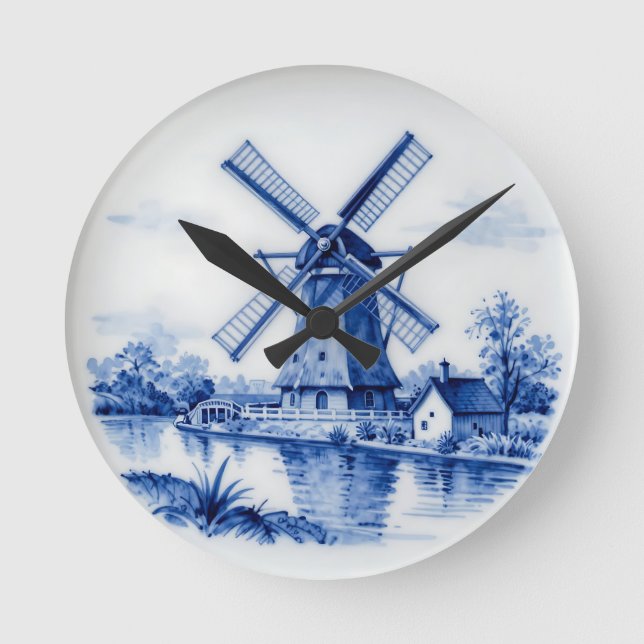 Classic Delft Blue Windmill Canal Scene Rund Klocka (Framsida)