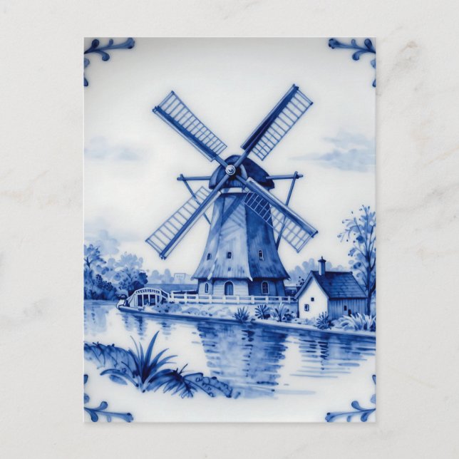 Classic Delft Blue Windmill Canal Scene Vykort (Framsida)