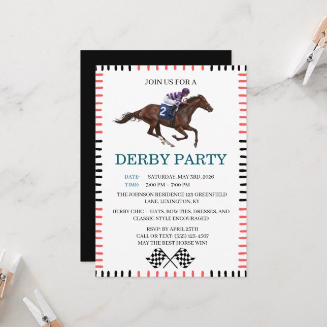 Classic Derby Party Horse Racing Invitation Inbjudningar (Fram/Back In Situ)