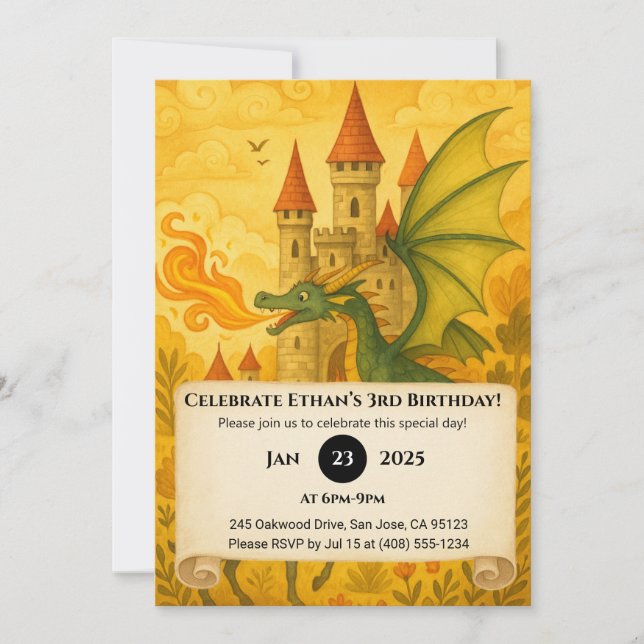 Classic Dragon och Knight Fairytale Scene Birthday Inbjudningar (Framsida)