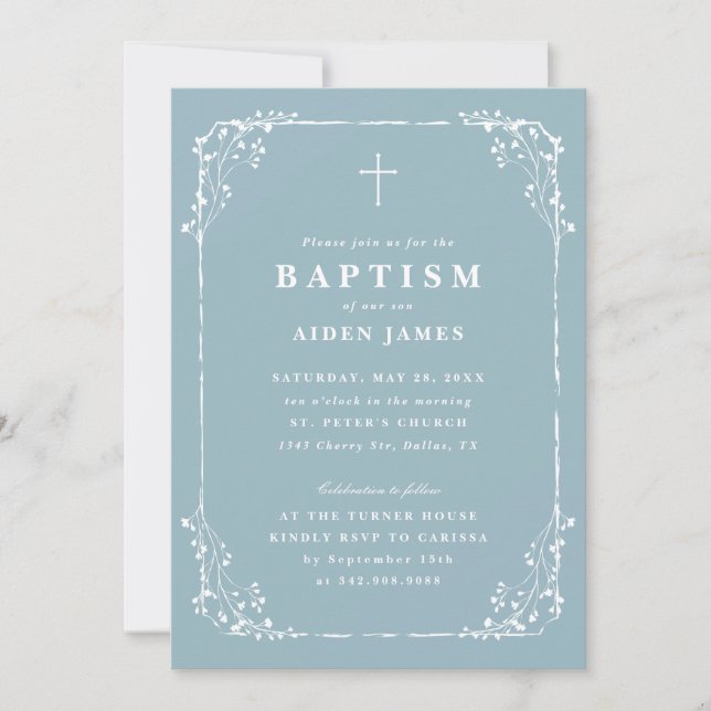 Classic Dusty Blue Dainty Floral Frame Baptism Inbjudningar (Framsida)