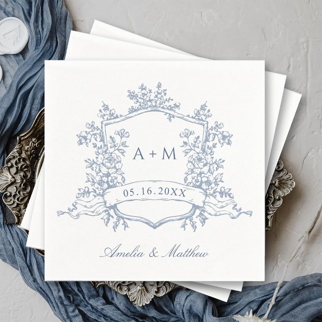 Classic Dusty Blue Floral Crest Monograms Wedding Pappersservett (Skapare uppladdad)